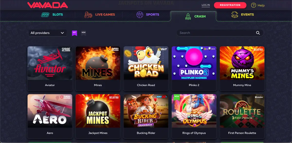 Crash games section at Vavada featuring chicken Road and Aviator