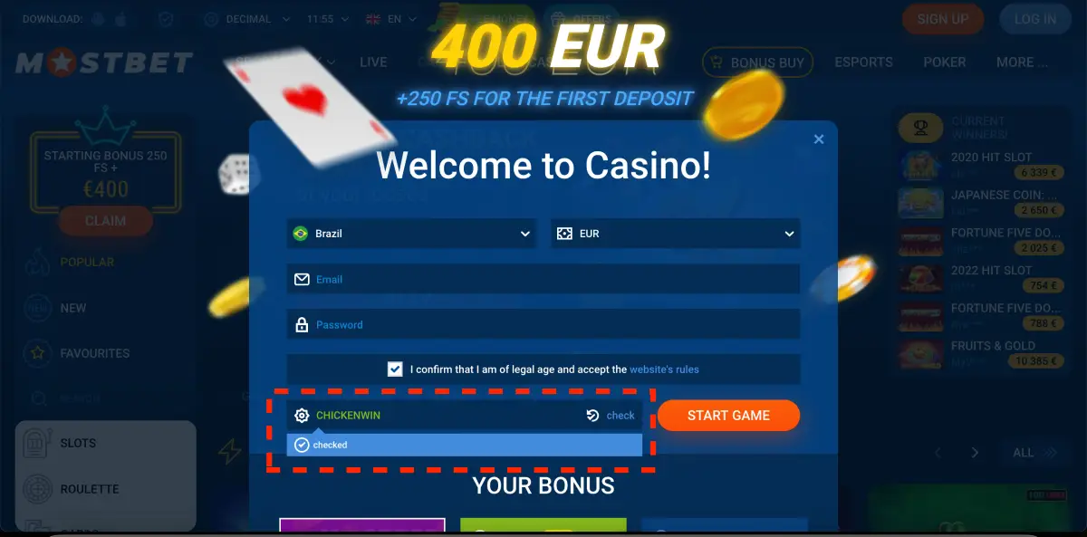 Registration form with Chicken Road promo code field in casino