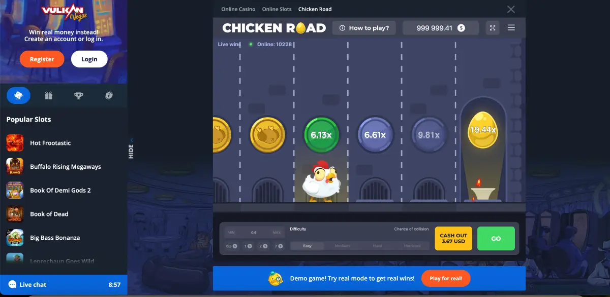 Chicken Road game interface on Vulkan Vegas with chicken running on tiles