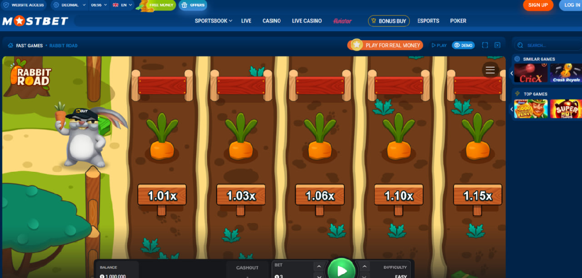Rabbit Road game overview interface with multiplier path