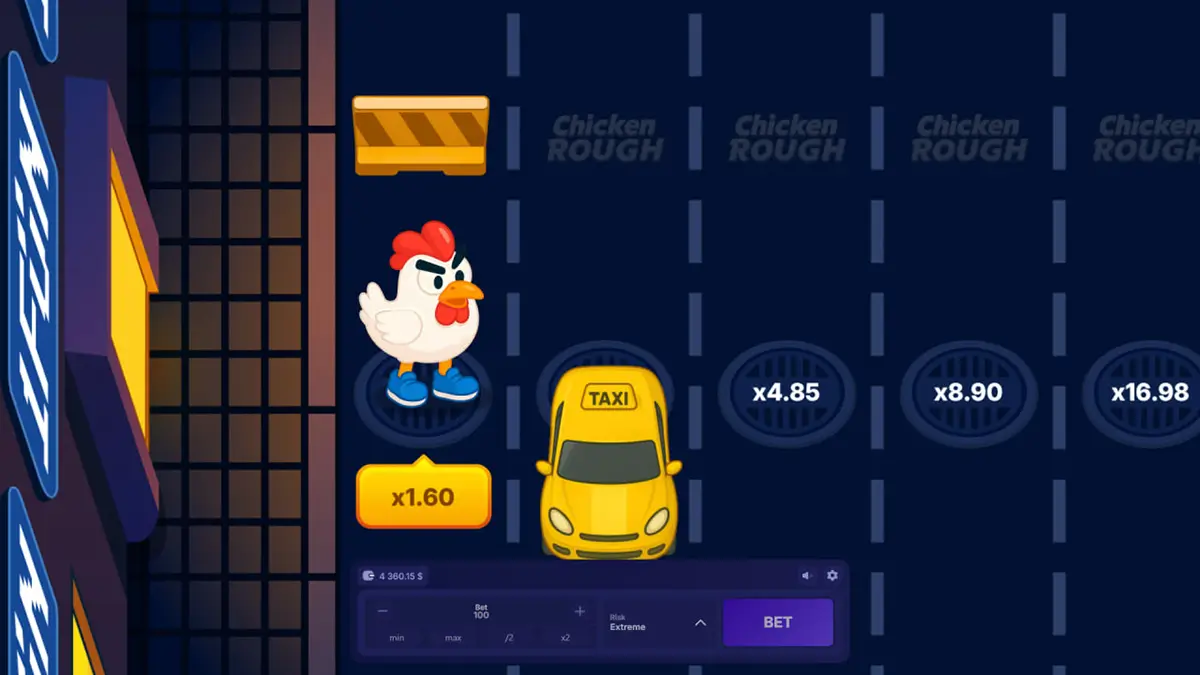 Chicken Rough game overview with RTP, risk levels and cashout rules